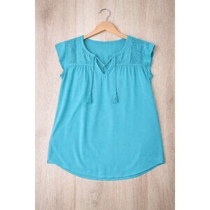 My Danielle Turquoise Boho Lace Yoke Blouse‎ Tassel Tie Rayon Size S